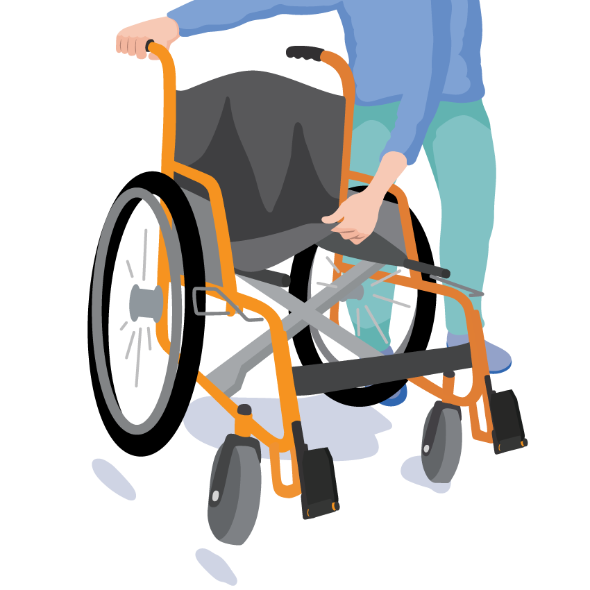 A person holds the push handle and seat. The backrest and seat fold and footrests move closer together.