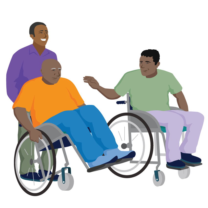 A new wheelchair user practices wheelchair skills while their caregiver assists them by standing behind and holding the push handles. An experienced wheelchair user sits next to them to offer advice.
