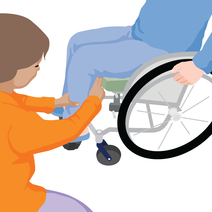 Health worker placing two fingers underneath the knee of a person using a wheelchair to check seat depth.