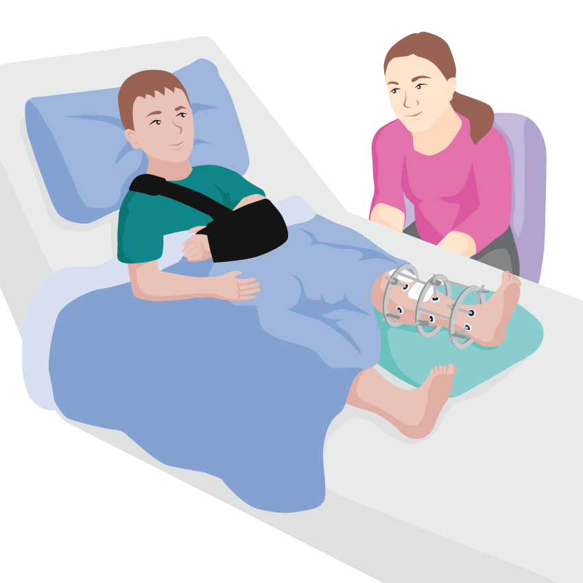 Roman, a young boy, sits up in bed, supported by pillows. His left arm is in a sling and his lower left leg is supported in an external fixator. His mum sits nearby.