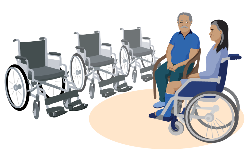 Bernilla looks at different wheelchairs with her husband Alain and a health worker.