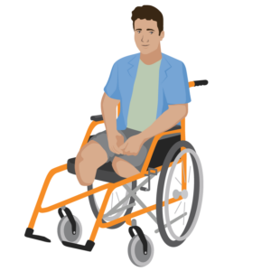Jalus, a young man who uses a wheelchair. His left leg is amputated above the knee and his right leg is amputated below the knee.