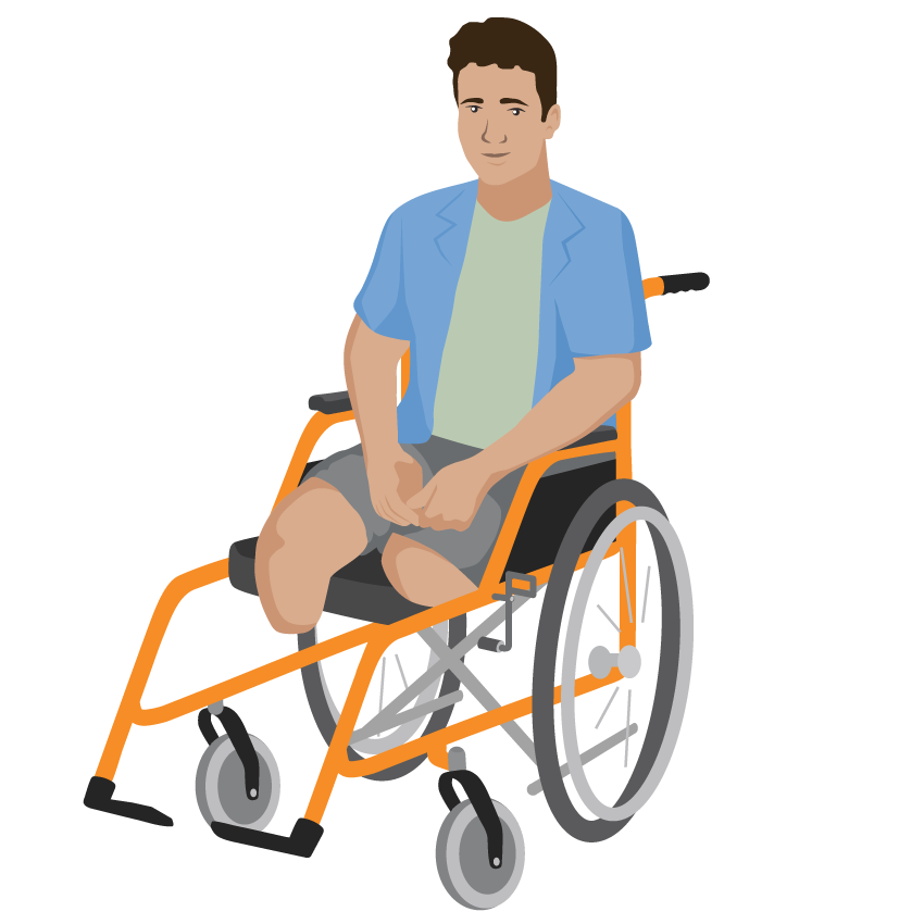 Jalus, a young man who uses a wheelchair. His left leg is amputated above the knee and his right leg is amputated below the knee.
