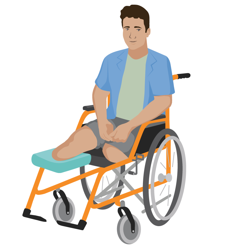 Jalus, a young man who uses a wheelchair. His left leg is amputated above the knee and is supported by a stump board attached to his wheelchair.