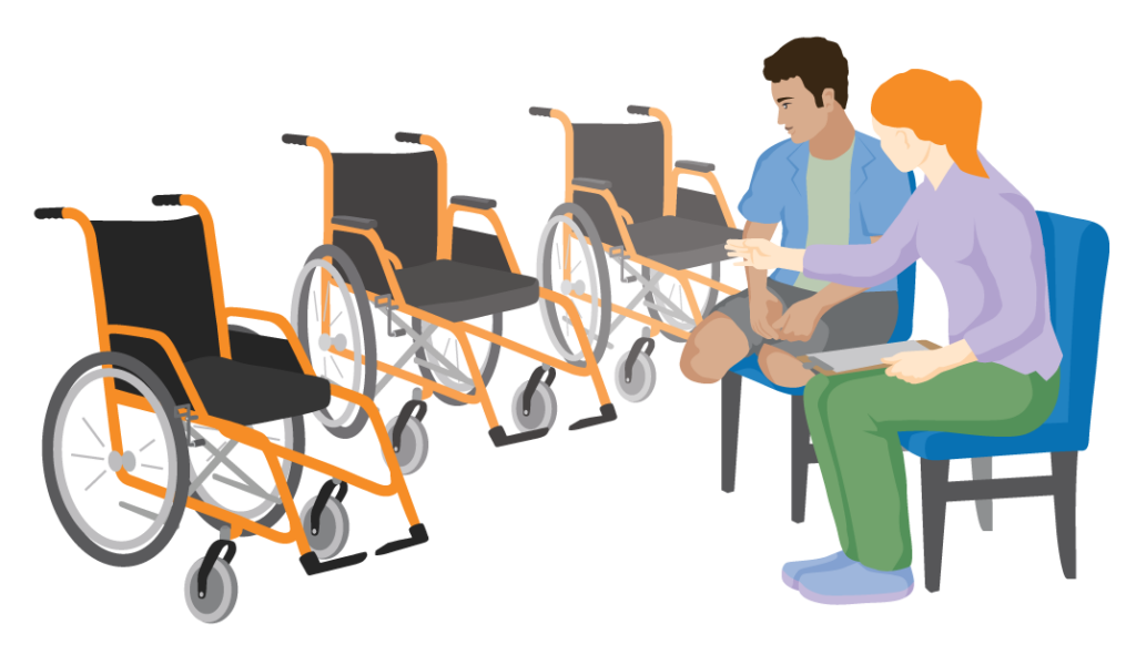 A man with a below knee amputation and a female health worker look over at a row of three different size wheelchairs.