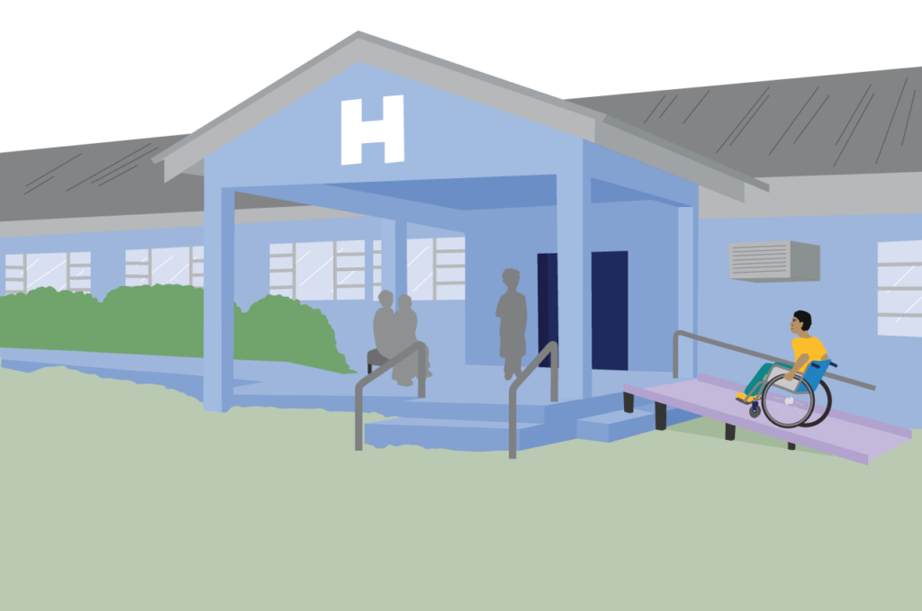 People going in and out of a hospital with ramp and steps with grab rail access.