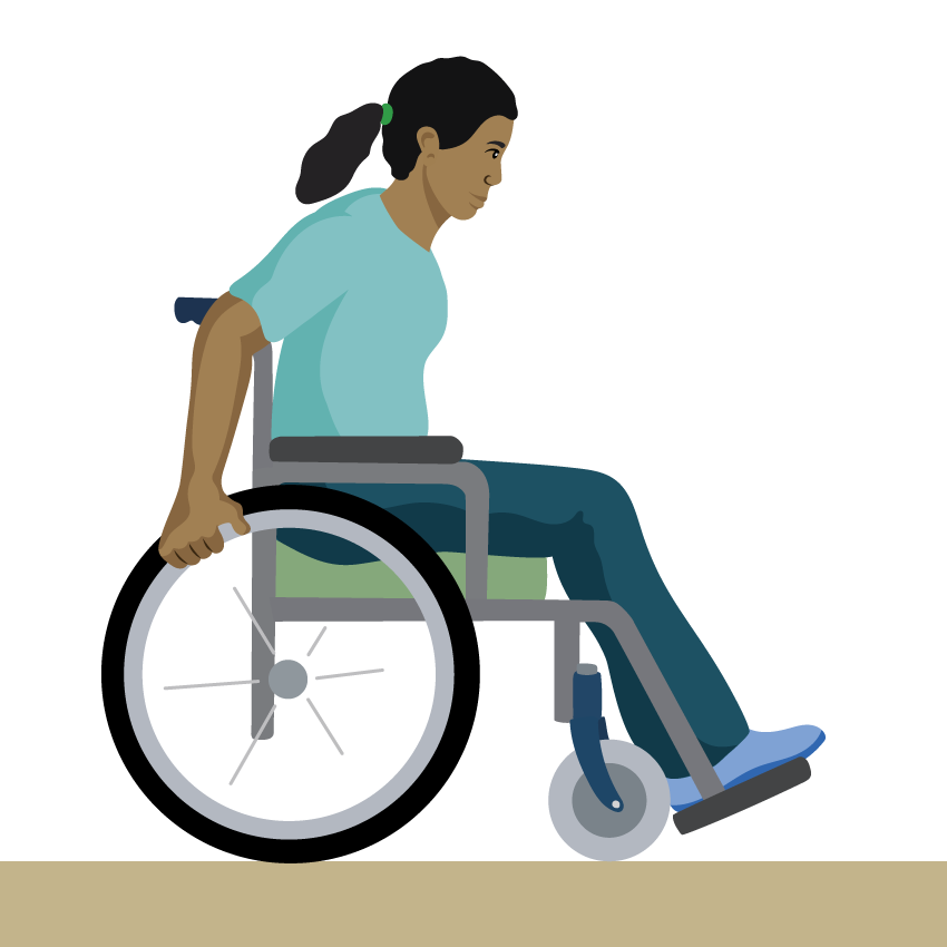 A woman leans forward with her upper body. Her hands are on the push rims slightly behind her.