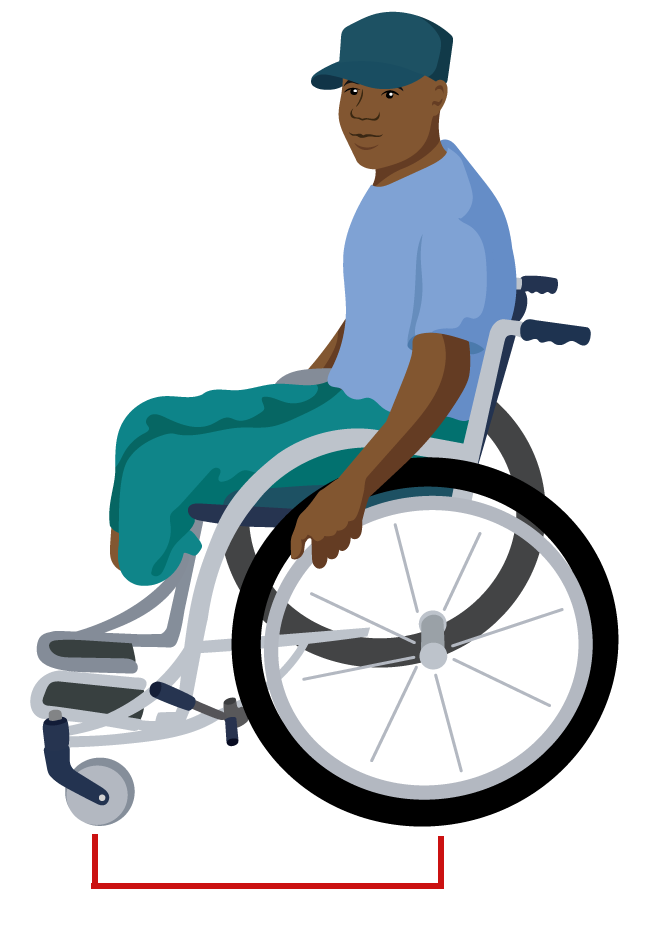 A man sits in a wheelchair with a long distance between the centres of the rear wheel and castor wheel.