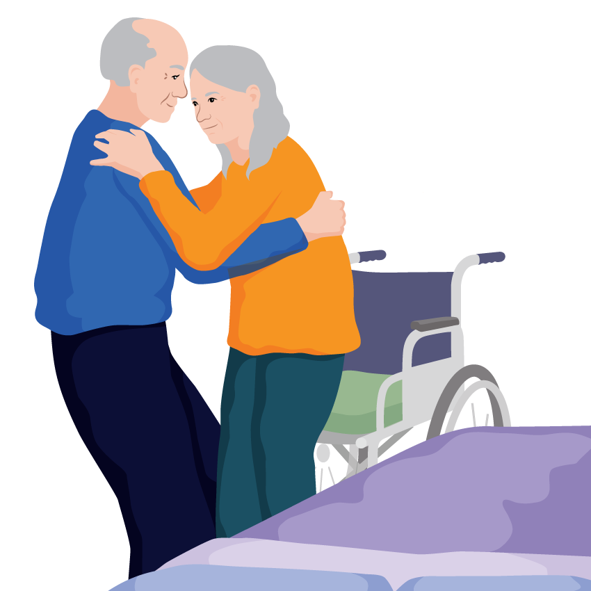 Leif assisting Verna to stand as she transfers from her bed to a wheelchair.