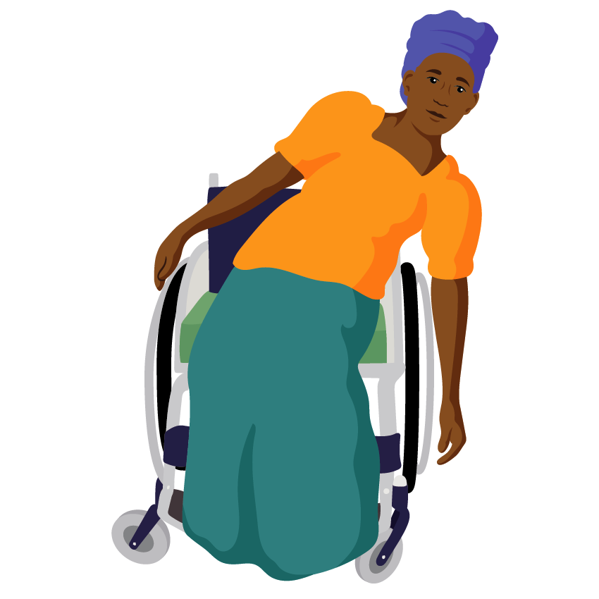 A woman holds the push rim on one side and leans to the opposite side. Her arm hangs down towards the floor.