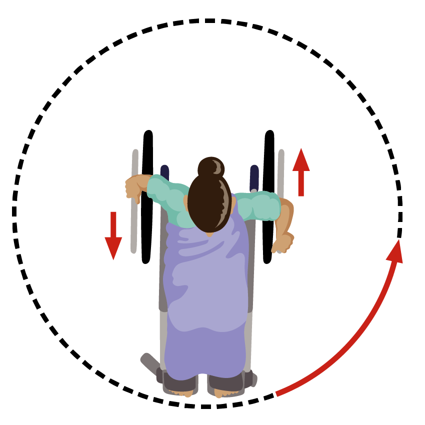 A woman turns to the left by pulling back on the wheel with her left hand and pushing forward on the wheel with her right hand.