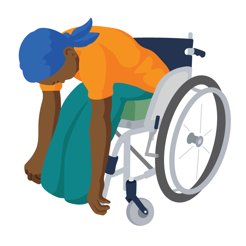 A woman leans forward in her wheelchair, resting her body on her thighs. Her arms hang down next to her legs.