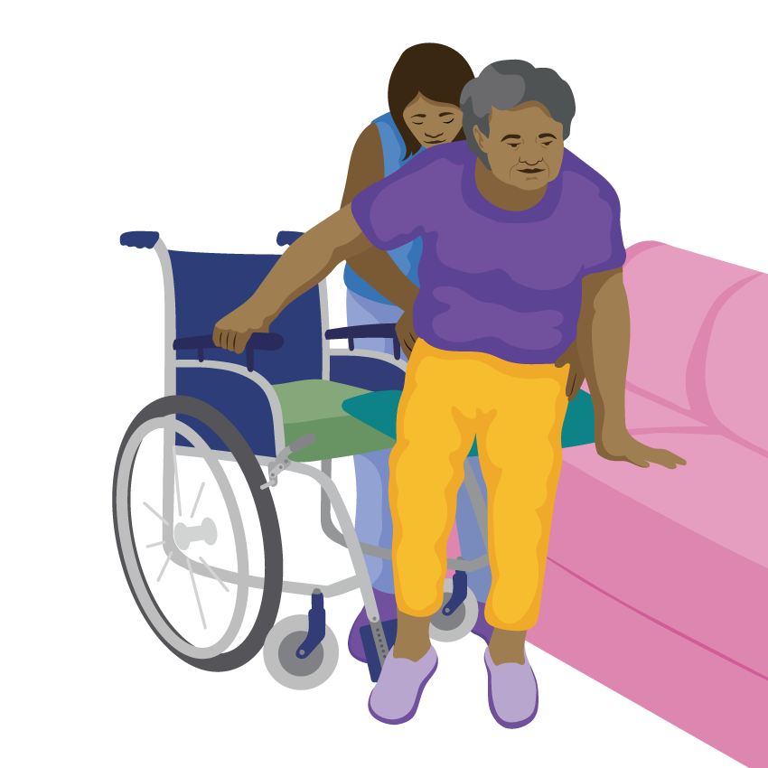 A person uses a transfer board to move from their wheelchair to bed. Their assistant stands behind them with their hands on the person’s hips.