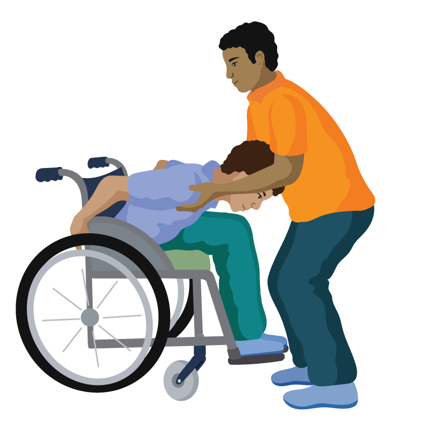 A man leans forward in his wheelchair, resting his body on his thighs. His assistant supports him on the front of his shoulders. The assistant has bent knees and a straight back.