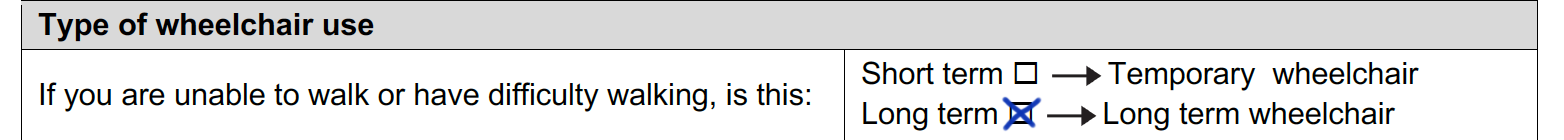 Completed type of wheelchair use section of Cali’s form with ‘long term’ selected.