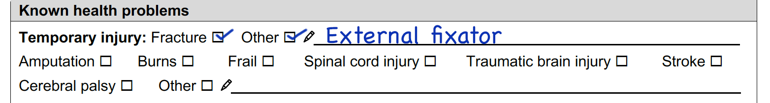 Completed section of Roman’s form with temporary injury ‘fracture’ box and ‘other’ box ticked with description ‘external fixator’.