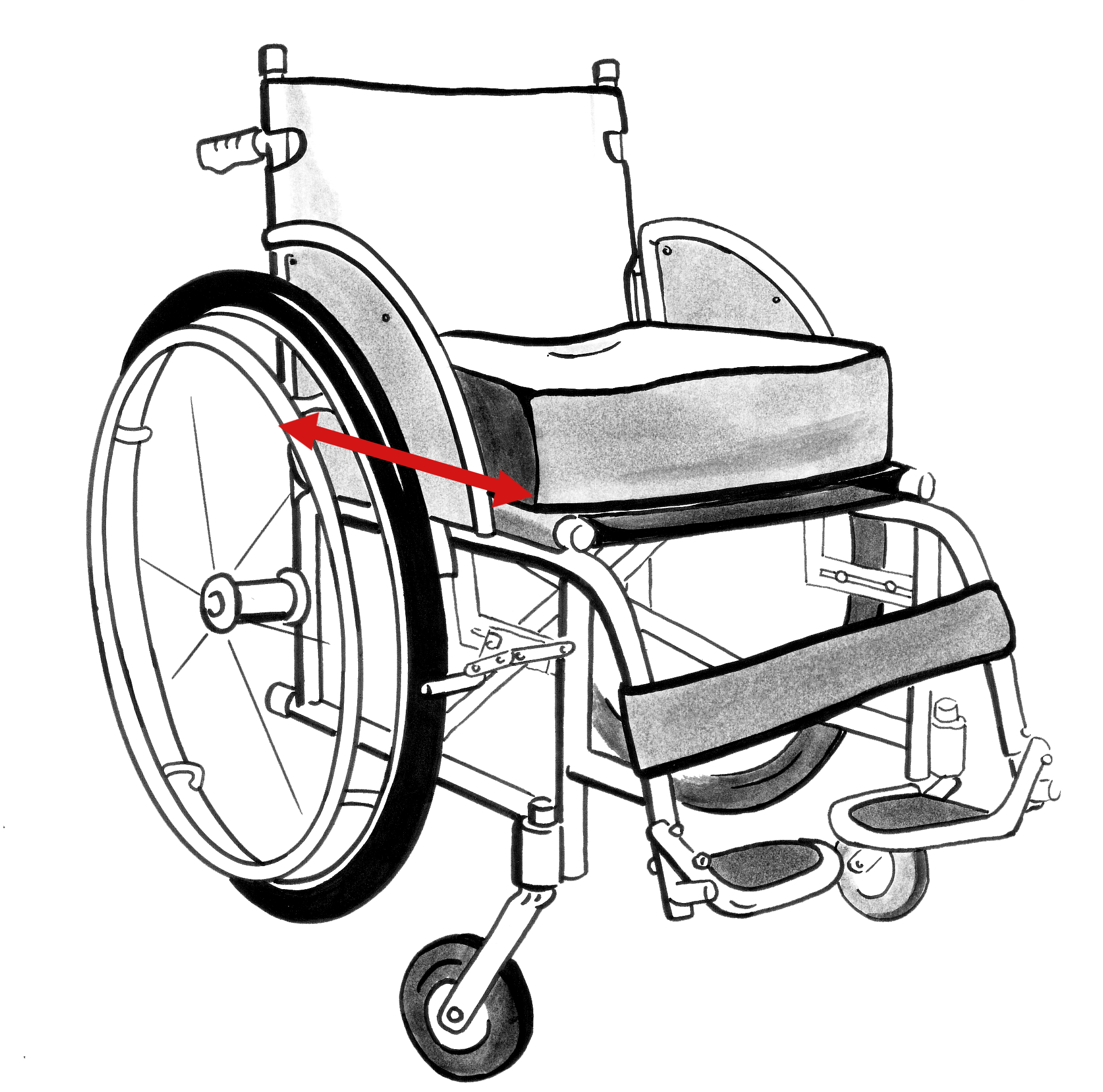 A wheelchair with the depth of the seat from front to back highlighted.