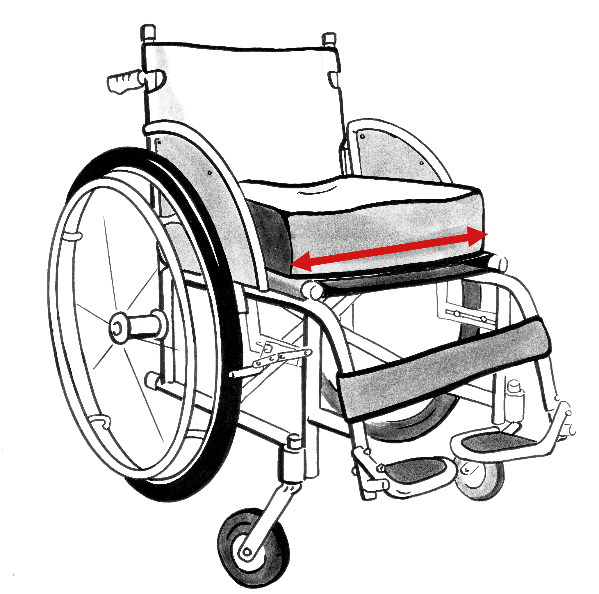 A wheelchair with the width of the seat from left to right highlighted.