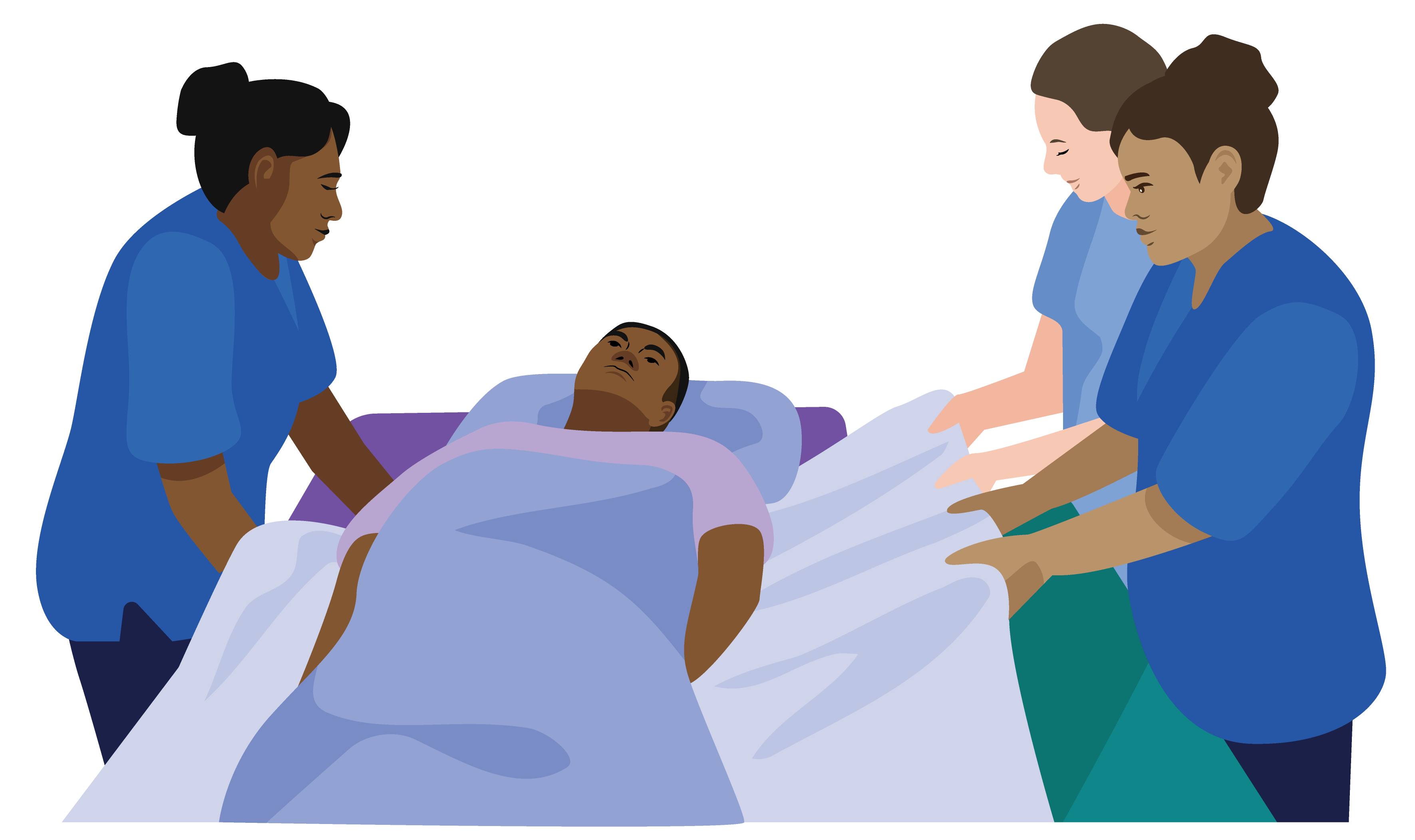 A person who is lying down is being transferred from a bed to a hospital trolley. Three people are assisting in transferring him using two slide sheets. Two caregivers pull the top layer of sheet while the other caregiver supports the person's shoulder and hip, moving them across the bed.