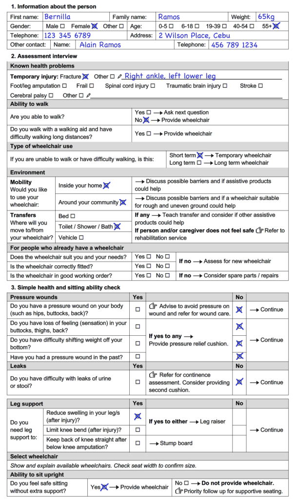 Bernilla is a 55 year old or over female weighing 65 kilograms. She has a fractured right ankle and left lower leg. She is not able to walk for a short term. She wants to use her wheelchair inside her home and around her community. She will move from the wheelchair to the toilet / shower / bath. She has no pressure wounds, does not have loss of feeling (sensation), does not have difficulty shifting weight and has not had a pressure wound before. She does not have difficulty with leaks of urine or stool. She needs to reduce swelling in her legs. She feels safe sitting upright.