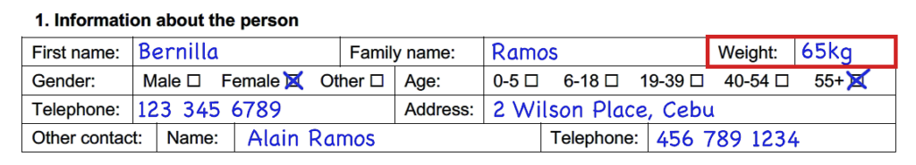 Bernilla’s ‘about the person’ section showing her weight is 65 kilograms.
