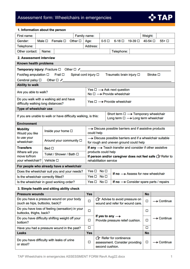 Page one of the TAP Wheelchairs in emergencies assessment form.