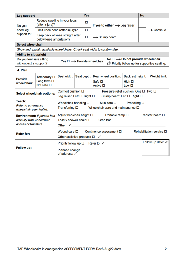Page two of the TAP Wheelchairs in emergencies assessment form.