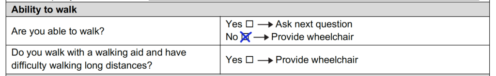 Completed ability to walk section of Jalus’s form with ‘no’ as the answer to ‘are you able to walk?’.