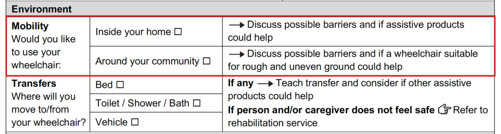 Mobility section of the assessment form.