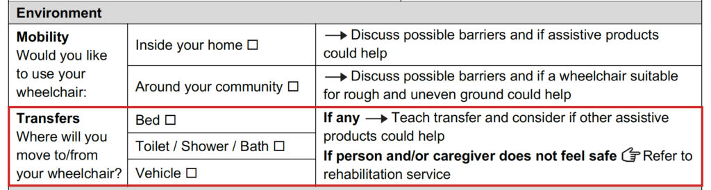 Transfers section of the assessment form.