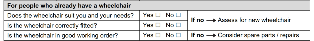 For people who already have a wheelchair section of the assessment form.