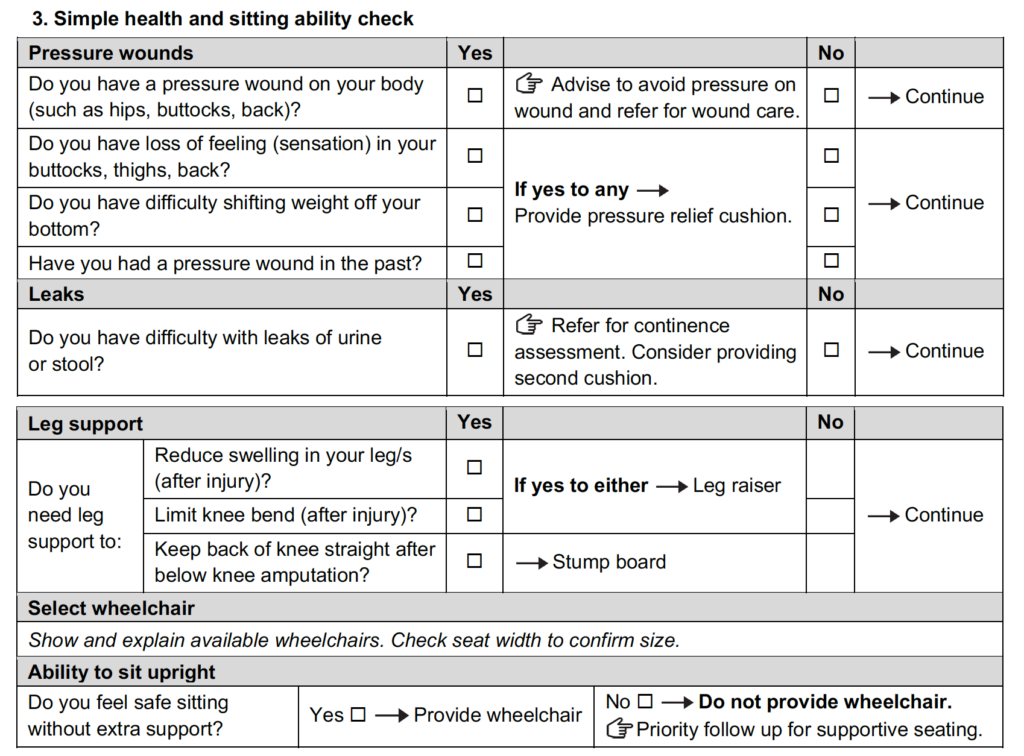 Simple health and sitting ability check section of the assessment form.
