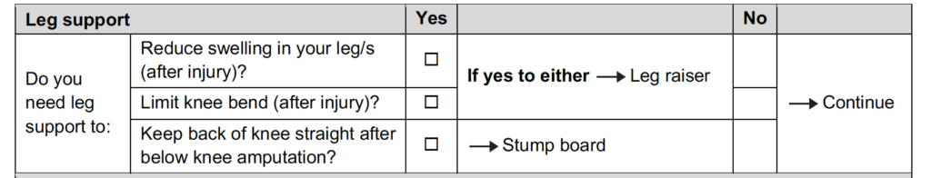 Leg support part of the assessment form.