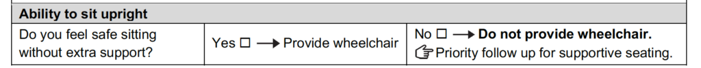 Ability to sit upright part of the assessment form.