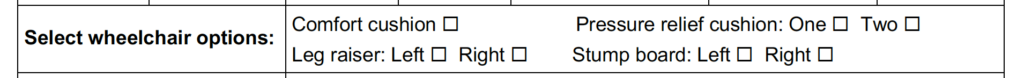 Select wheelchair options part of assessment form.