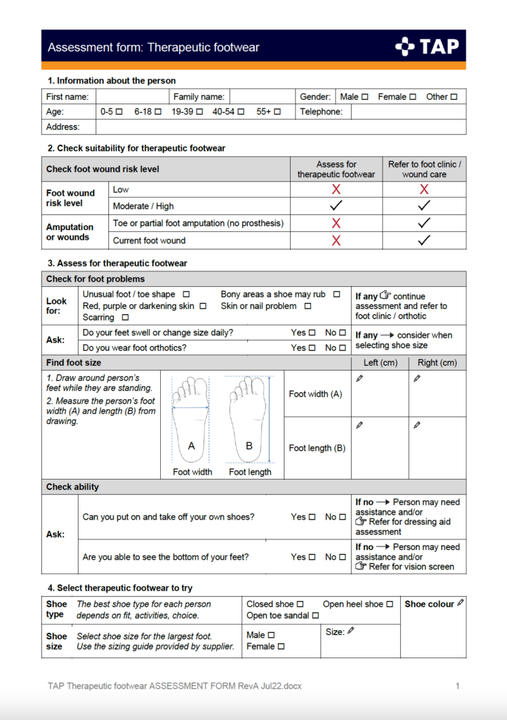 TAP Therapeutic footwear assessment form page one.