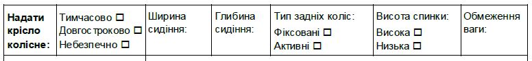 Надати крісло колісне, розділ бланку оцінювання.