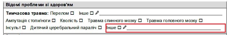 Розділ бланку оцінювання, Відомі проблеми зі здоров'ям з обведеним пунктом «інше».