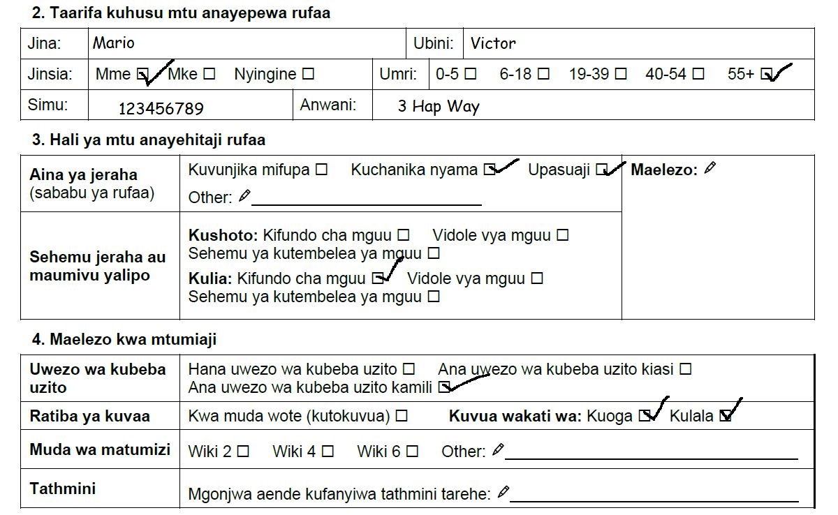 Sehemu ya fomu inayohusu rufaa iliyojazwa kwa ajili ya Mario Victor. Yeye ni mwanaume, mwenye umri wa zaidi ya miaka 55, nambari yake ya simu ni 123456789 na anwani yake ni barabara ya 3 Hap. Jeraha lake linahusiana na sehemu laini ya mwili na limefanyiwa upasuaji na liko kwenye kifundo cha mguu wake wa kulia. Anaweza kubeba uzito wa kutosha na kuvua kiatu kigumu saidizi chake Wakati wa kuoga na kulala. Hakuna urefu wa muda uliorekodiwa kuhusu matumizi wala taarifa za tathmini.