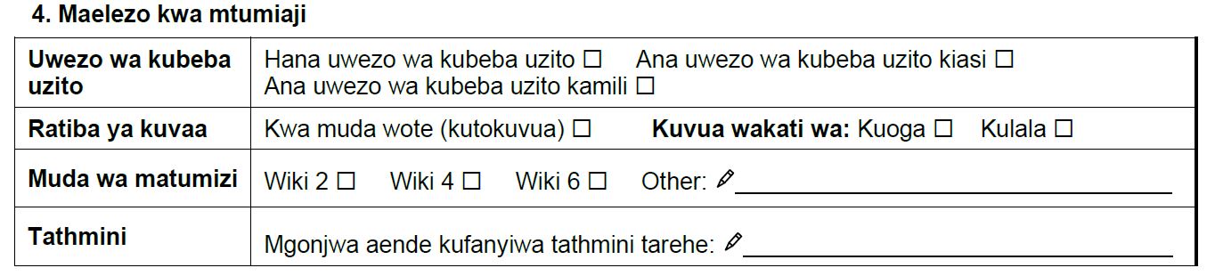 Sehemu ya fomu inayohusu maelekezo ya matumizi