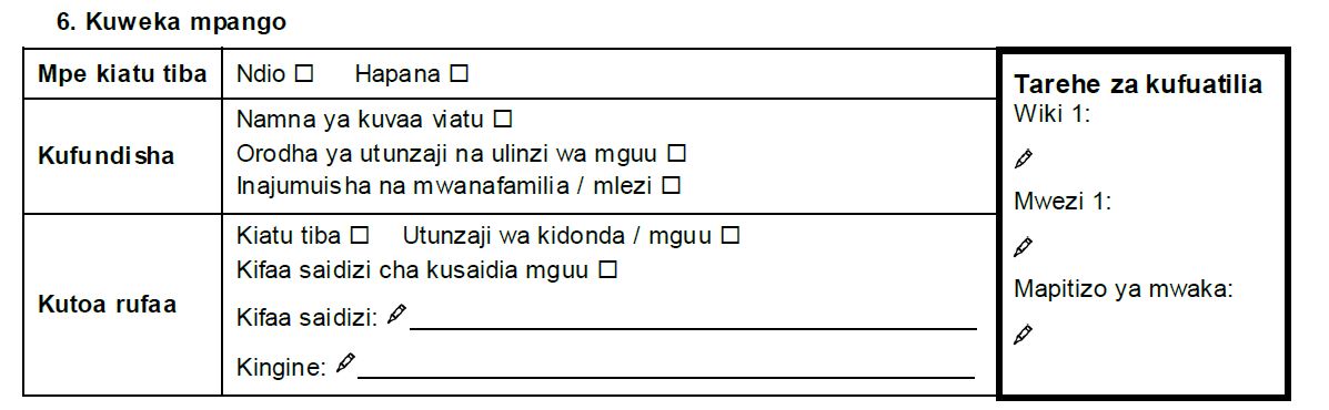 Sehemu ya fomu ya tathmini inayohusu mpango.