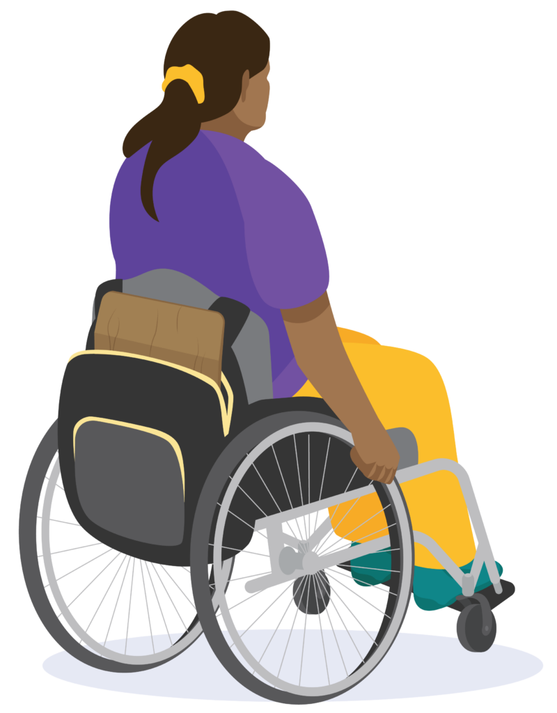 A person sitting in a wheelchair with a backpack hanging over the backrest. The backpack holds a transfer board