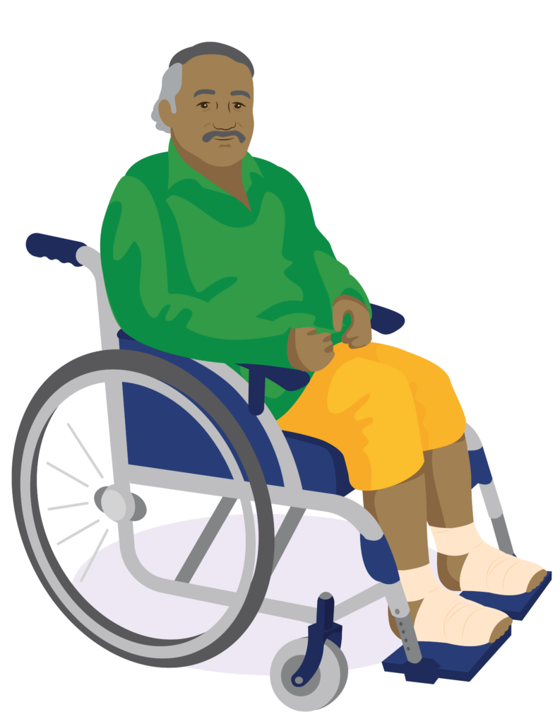 Malu sits in a wheelchair. He has bandages on his feet.