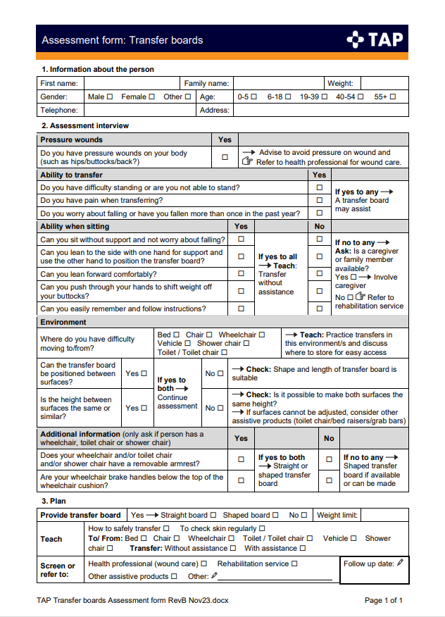 The TAP transfer board assessment form.