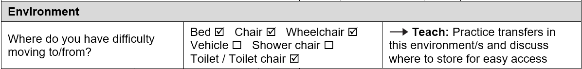 Section of Malu’s assessment form showing he has difficulty moving to/from his bed, chair, wheelchair and toilet / toilet chair.