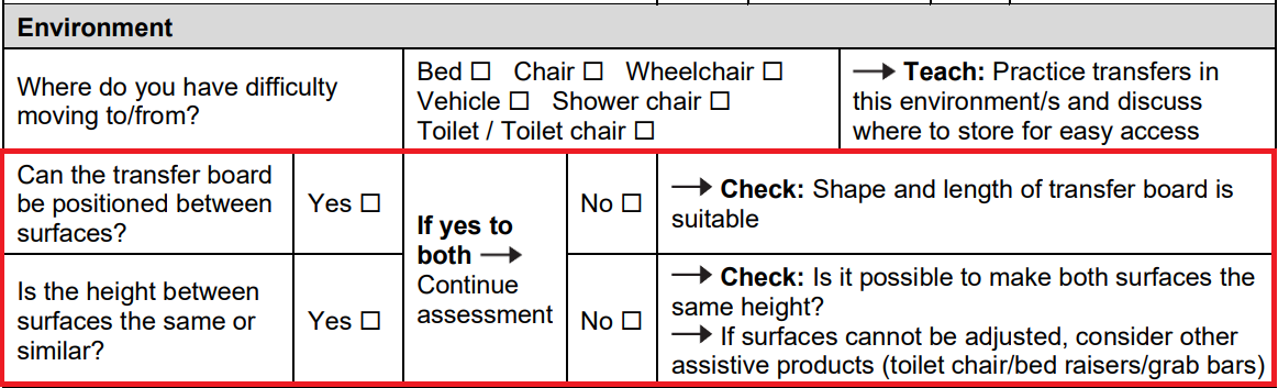 Environment section of the form with transferring between surfaces and height of surfaces questions circled.