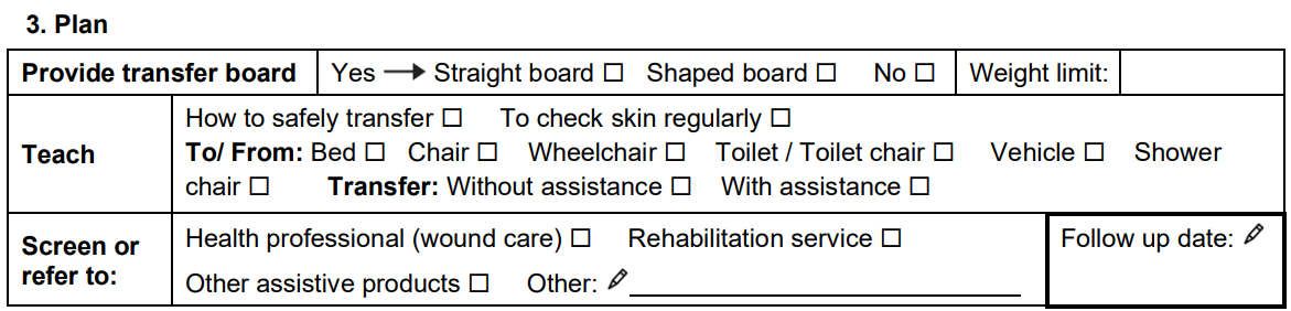 Plan section of the assessment form.