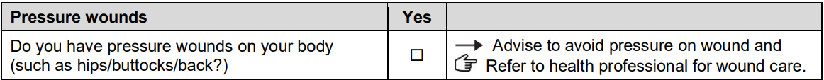 Pressure wounds section of the form with ‘do you have pressure wounds’ question.