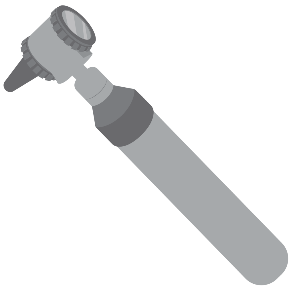 Otoscope with handle at one end and pointed speculum and torch at the other end.