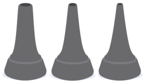 Three plastic cones. The wide end attaches to the otoscope. The narrow end has a hole in three different sizes to fit inside a person’s ear canal.